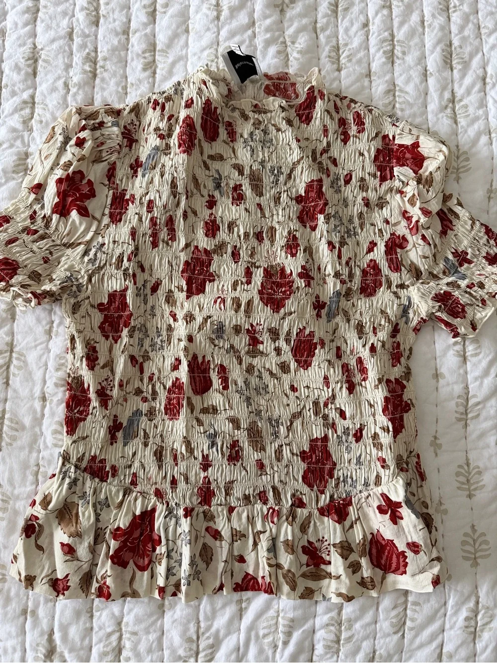 Reformation Cream Floral Smocked Blouse with Red Flowers